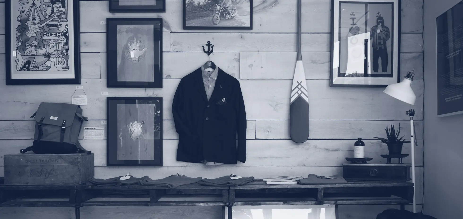 The inside of a small shop, in one ink. A placeholder photograph.